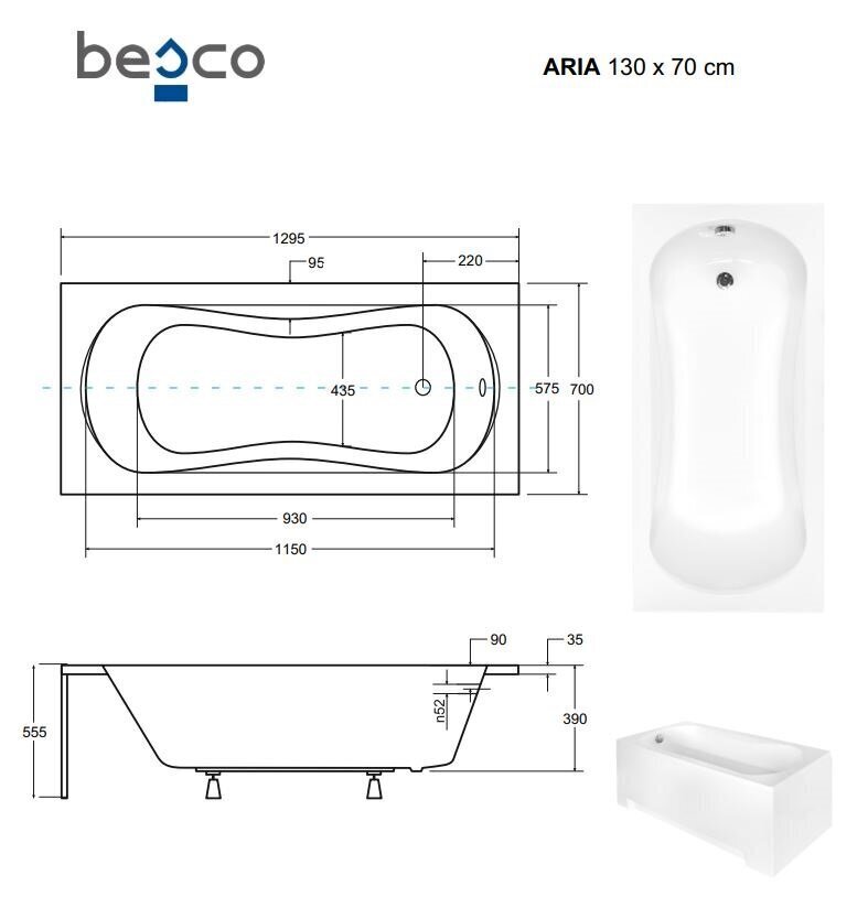 Vann Besco Aria koos viimistlusega, 130x70 cm цена и информация | Vannid | kaup24.ee