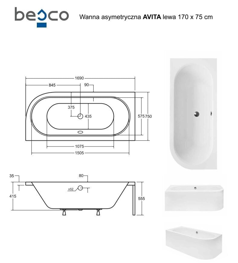 Vann Besco Avita koos viimistlusega, 170x75 cm, vasakpoolne цена и информация | Vannid | kaup24.ee