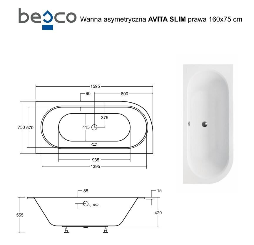 Vann Besco Avita Slim, 160x75 cm, parempoolne цена и информация | Vannid | kaup24.ee