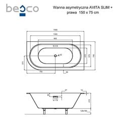 Vonia Besco Avita Slim+, 150 x 75 cm, dešininė, su chrome sifonu цена и информация | Ванны | kaup24.ee