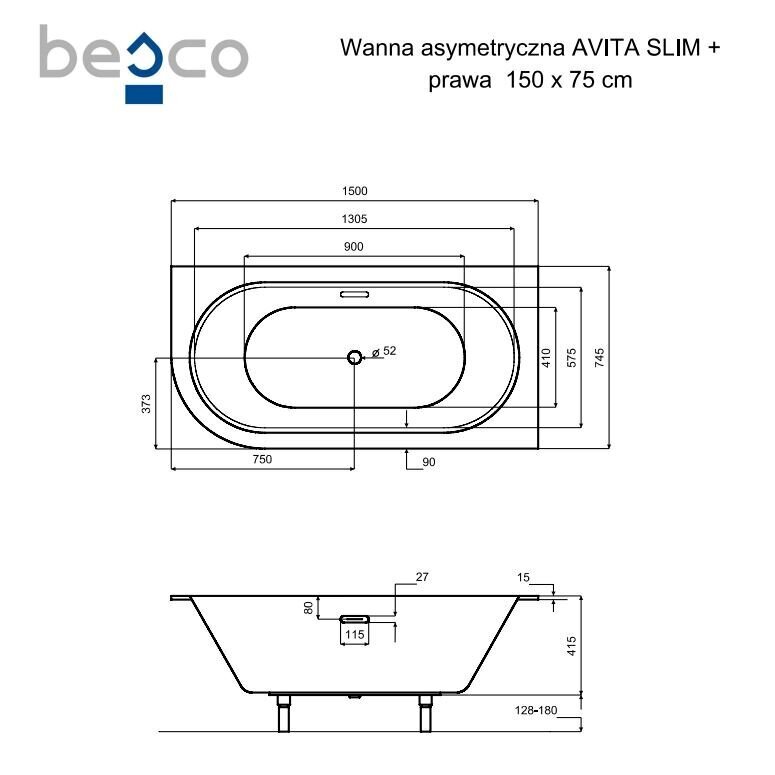 Vann Besco Avita Slim+, 150x75 cm, parempoolne hind ja info | Vannid | kaup24.ee