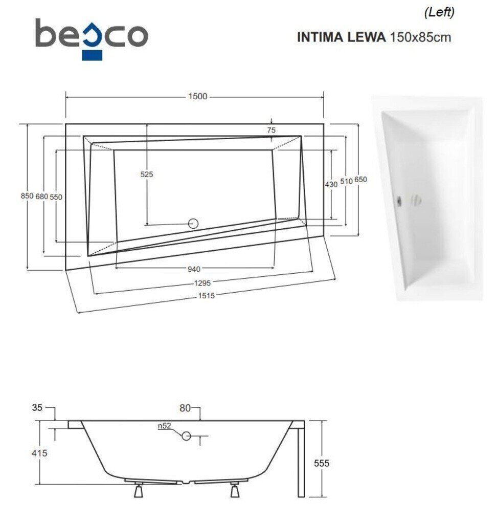 Vann Besco Intima koos viimistlusega, 150x85 cm, vasakpoolne цена и информация | Vannid | kaup24.ee