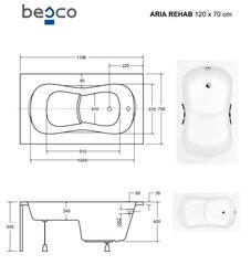 Vann Besco Aria Rehab kaunistusega, 120x70 cm hind ja info | Vannid | kaup24.ee