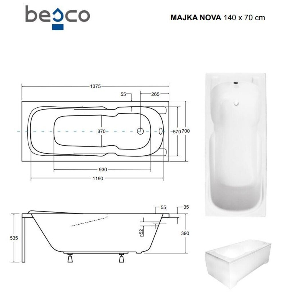 Vann Besco Majka Nova, 140x70 cm hind ja info | Vannid | kaup24.ee