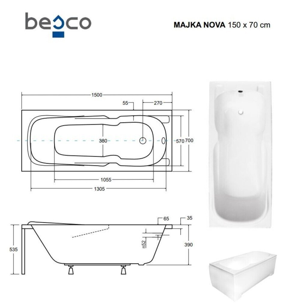 Vann Besco Majka Nova, 150x70 cm hind ja info | Vannid | kaup24.ee