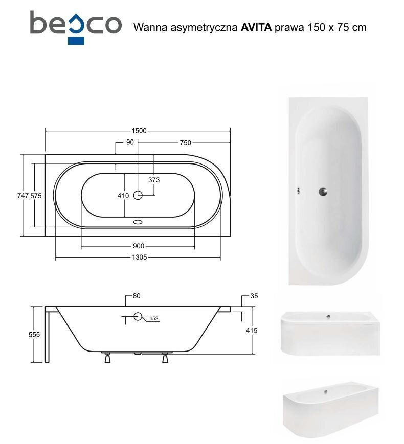 Vann Besco Avita viimistlusega, 150x75 cm, parempoolne цена и информация | Vannid | kaup24.ee