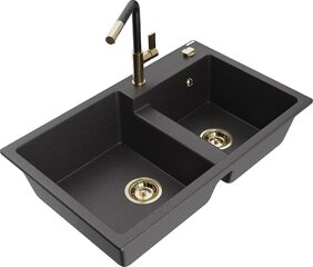 Granitinė virtuvinė plautuvė Mexen Tomas su maišytuvu ir sifonu, Black granite+Black/Gold цена и информация | Раковины на кухню | kaup24.ee