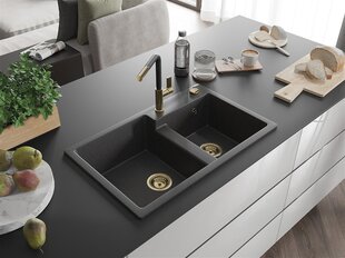 Granitinė virtuvinė plautuvė Mexen Tomas su maišytuvu ir sifonu, Black granite+Black/Gold цена и информация | Раковины на кухню | kaup24.ee