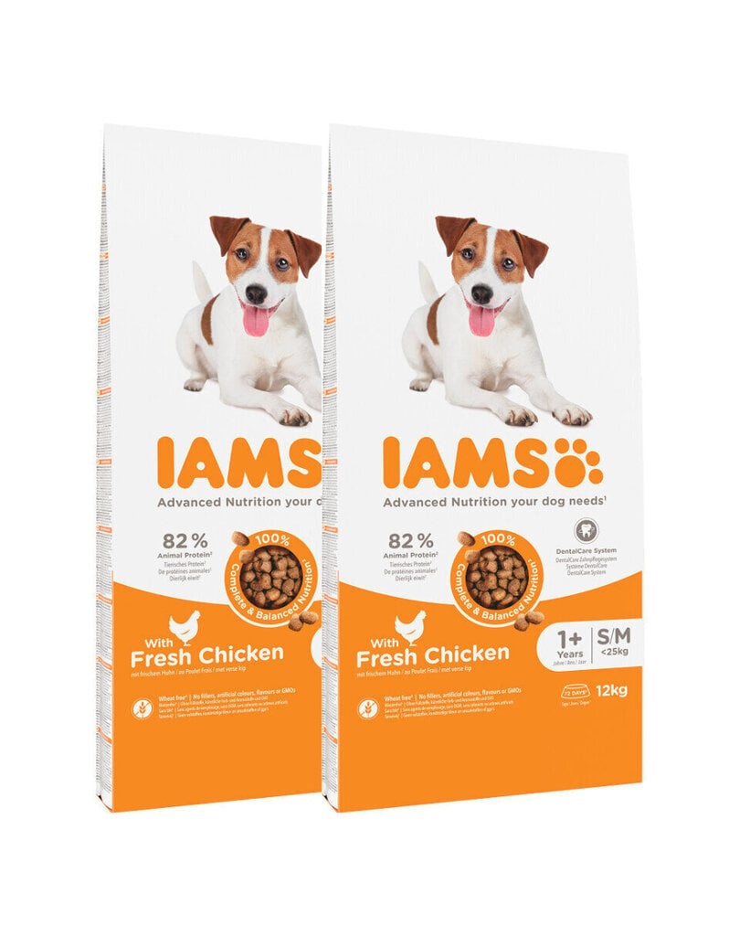 Iams ProActive Health keskmist ja väikest tõugu täiskasvanud koertele koos kanaga, 2x12 kg цена и информация | Kuivtoit koertele | kaup24.ee