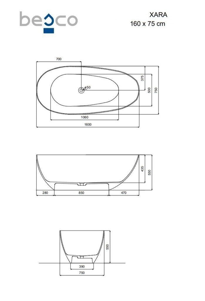 Vann Besco Xara Carbon Hall, 160x75 cm цена и информация | Vannid | kaup24.ee