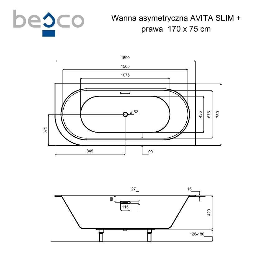 Vann Besco Avita Slim+, 170x75 cm, parem цена и информация | Vannid | kaup24.ee