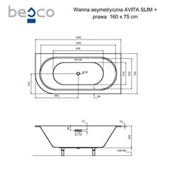 Vonia Besco Avita Slim+, 160 x 75 cm, dešininė, su aukso spalvos sifonu цена и информация | Ванны | kaup24.ee