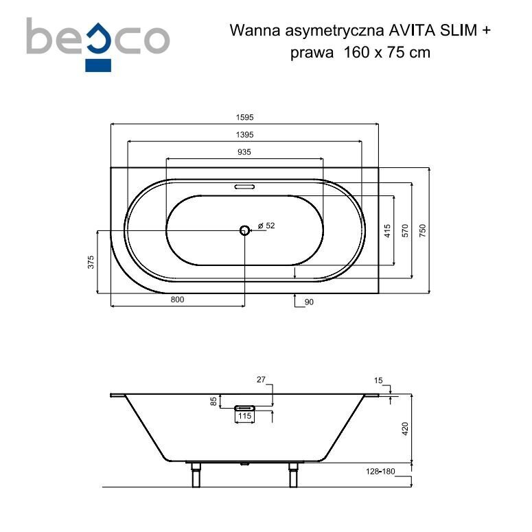 Vann Besco Avita Slim+, 160x75 cm, parem цена и информация | Vannid | kaup24.ee