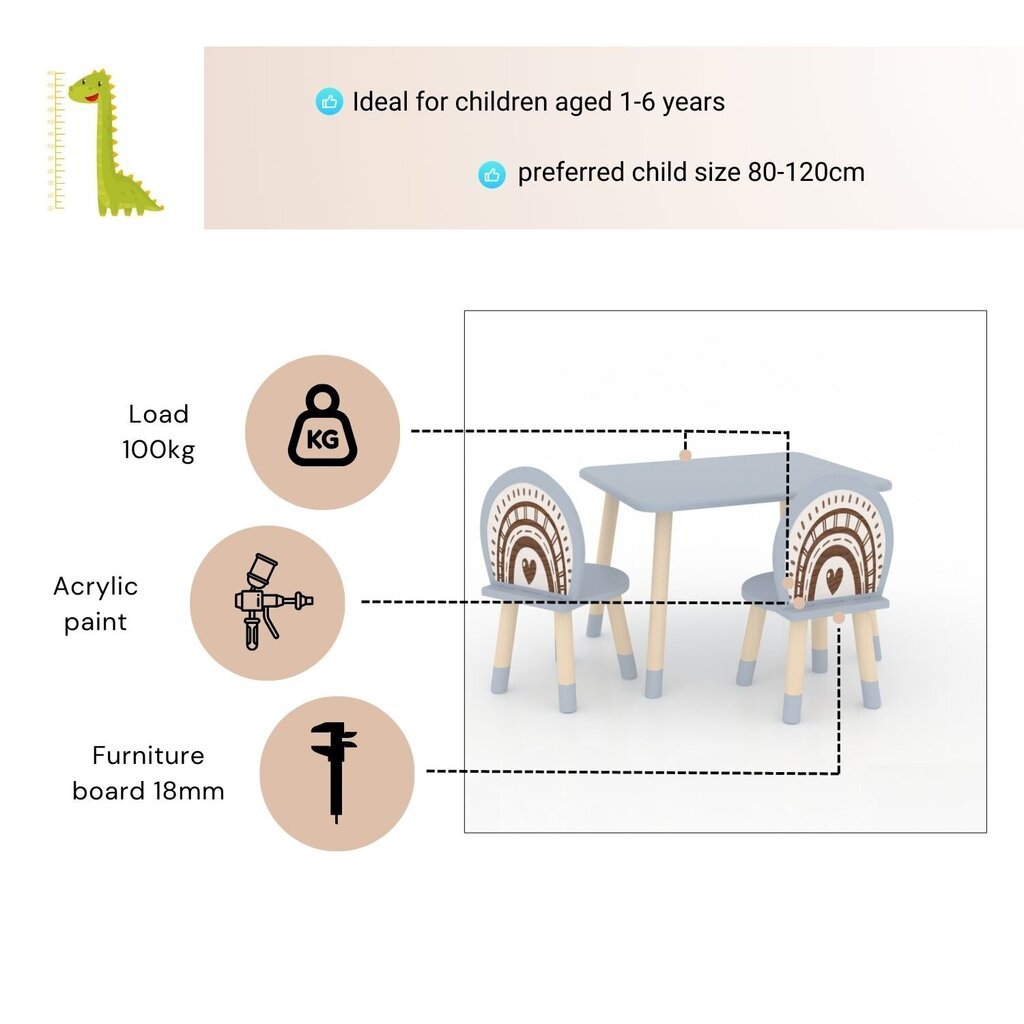 Vikerkaare kujuline laud ja kaks tooli lapsele - hall hind ja info | Laste lauad ja toolid | kaup24.ee