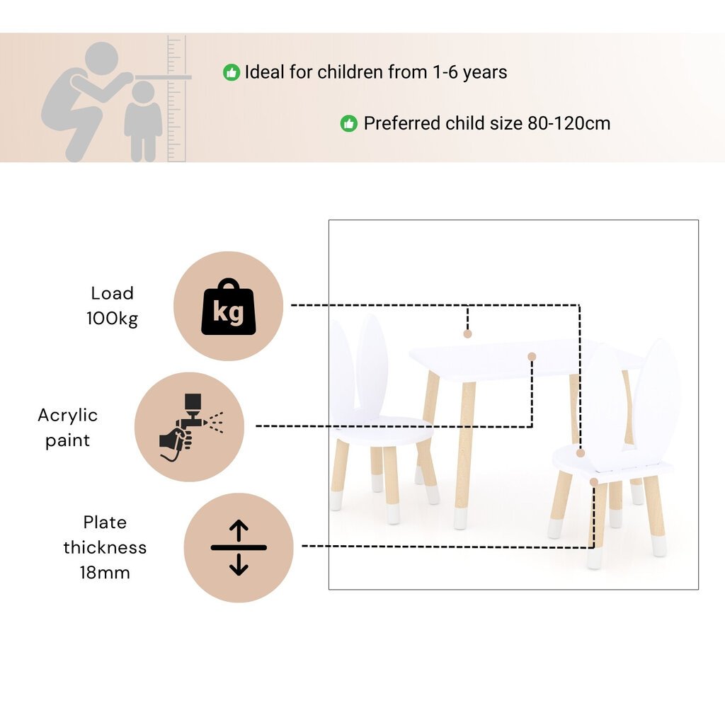 Jänesekujuline laste laud ja toolid, valge цена и информация | Laste lauad ja toolid | kaup24.ee