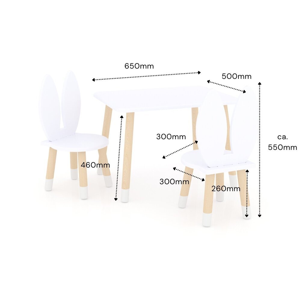 Jänesekujuline laste laud ja toolid, valge цена и информация | Laste lauad ja toolid | kaup24.ee