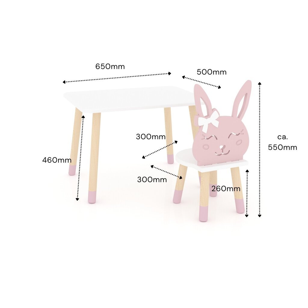 Ristkülikukujuline laud ja jänkutool - valge koos roosaga цена и информация | Laste lauad ja toolid | kaup24.ee