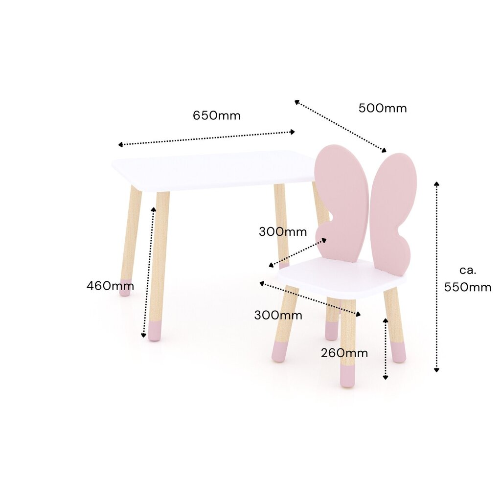 Ristkülikukujuline laud ja üks liblikatool - valge, roosa hind ja info | Laste lauad ja toolid | kaup24.ee