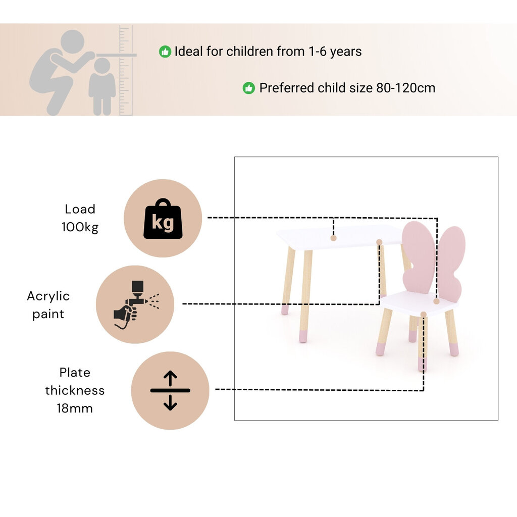 Ristkülikukujuline laud ja üks liblikatool - valge, roosa цена и информация | Laste lauad ja toolid | kaup24.ee