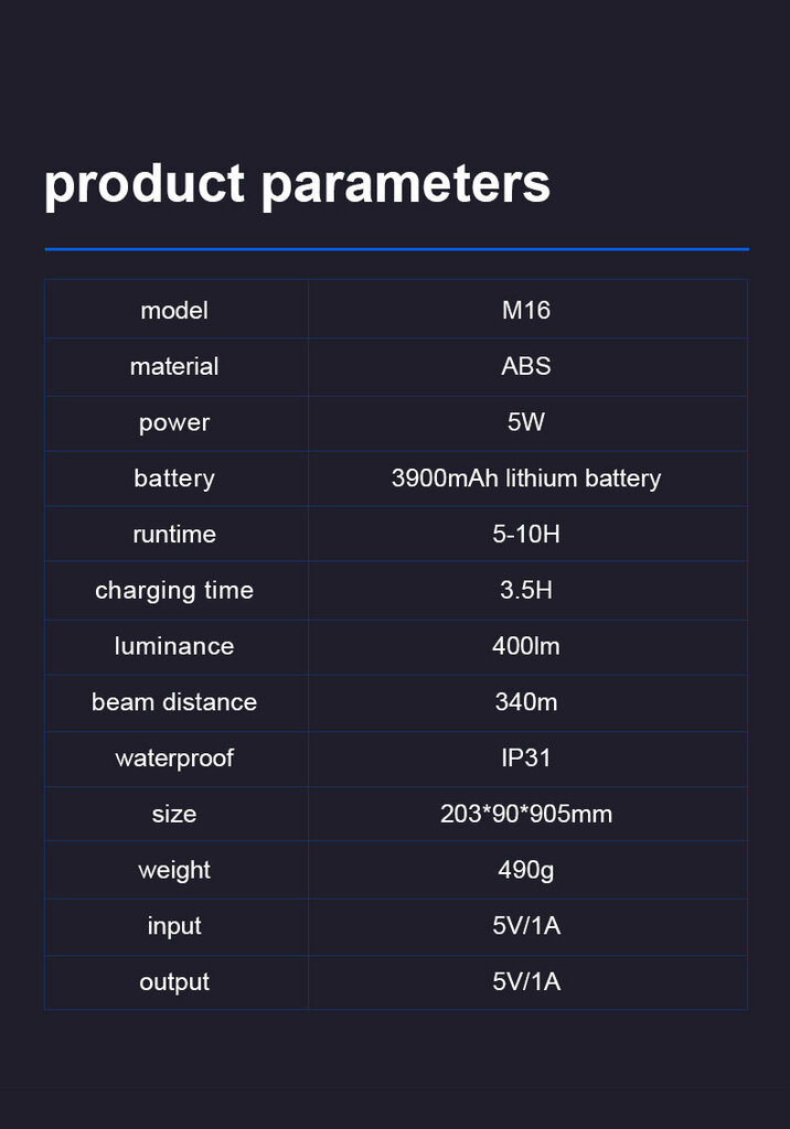 Taskulamp M16, 5W 400lm, 3900mAh, kuni 340m, akupankiga hind ja info | Taskulambid, prožektorid | kaup24.ee