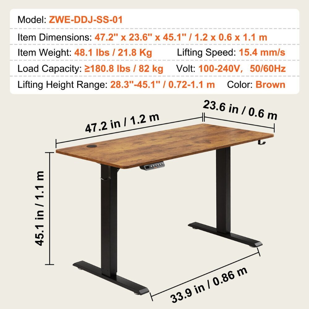 Reguleeritav elektriline laud Vevor, 120 x 60 cm цена и информация | Arvutilauad, kirjutuslauad | kaup24.ee