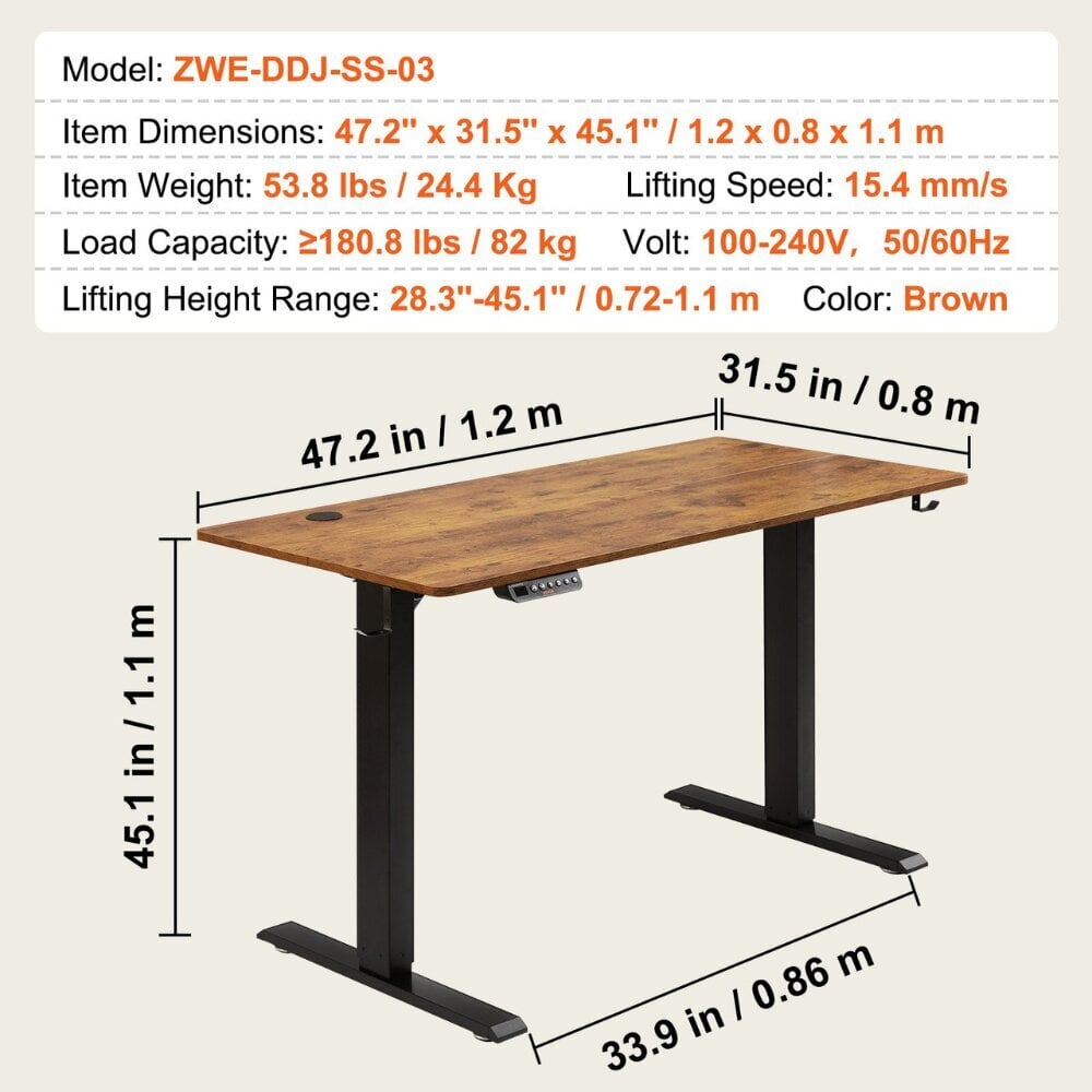 Elektriline reguleeritava kõrgusega töölaud Vevor, pruun, 120x80 cm цена и информация | Arvutilauad, kirjutuslauad | kaup24.ee