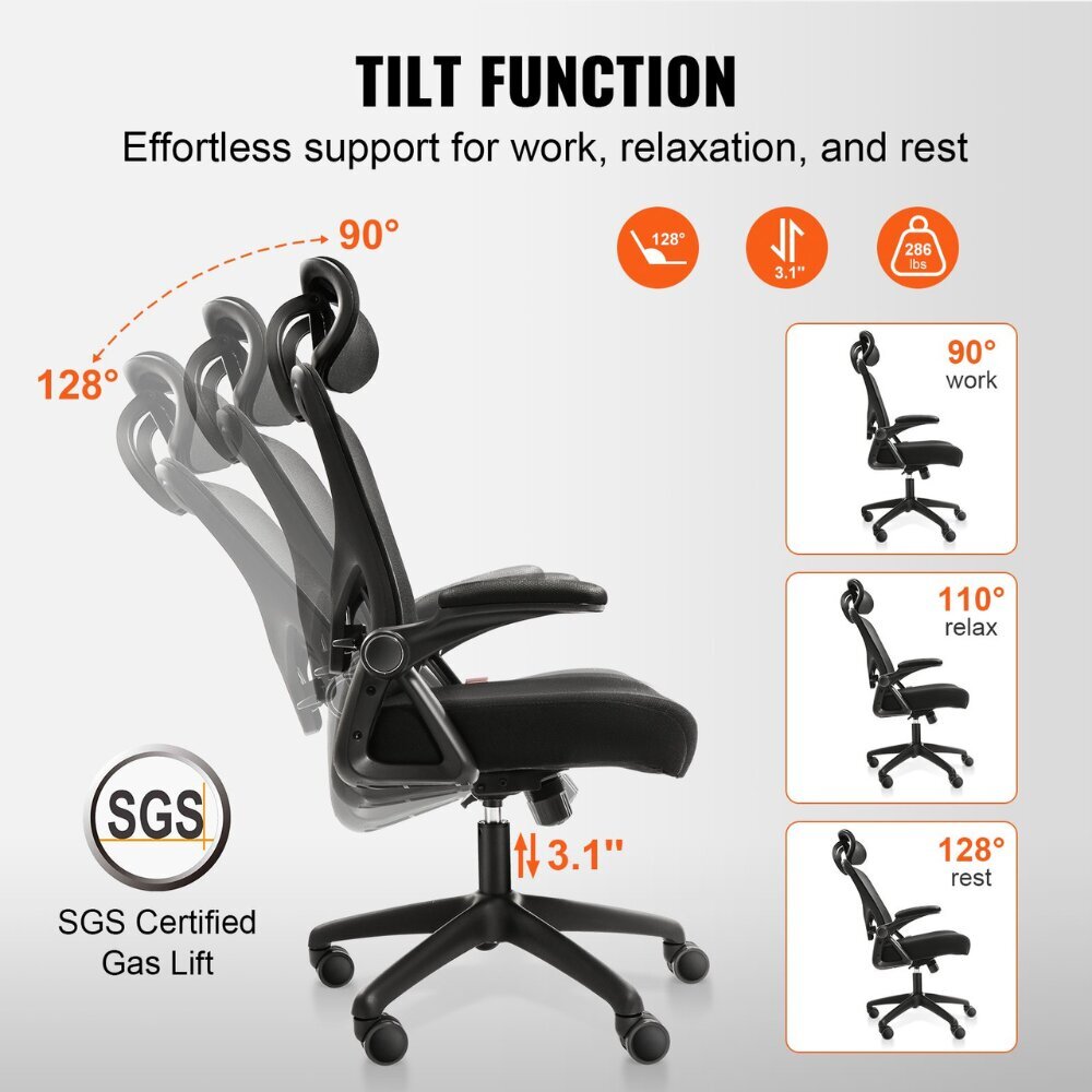 Ergonoomiline kontoritool reguleeritava peatoega Vevor, must цена и информация | Kontoritoolid | kaup24.ee