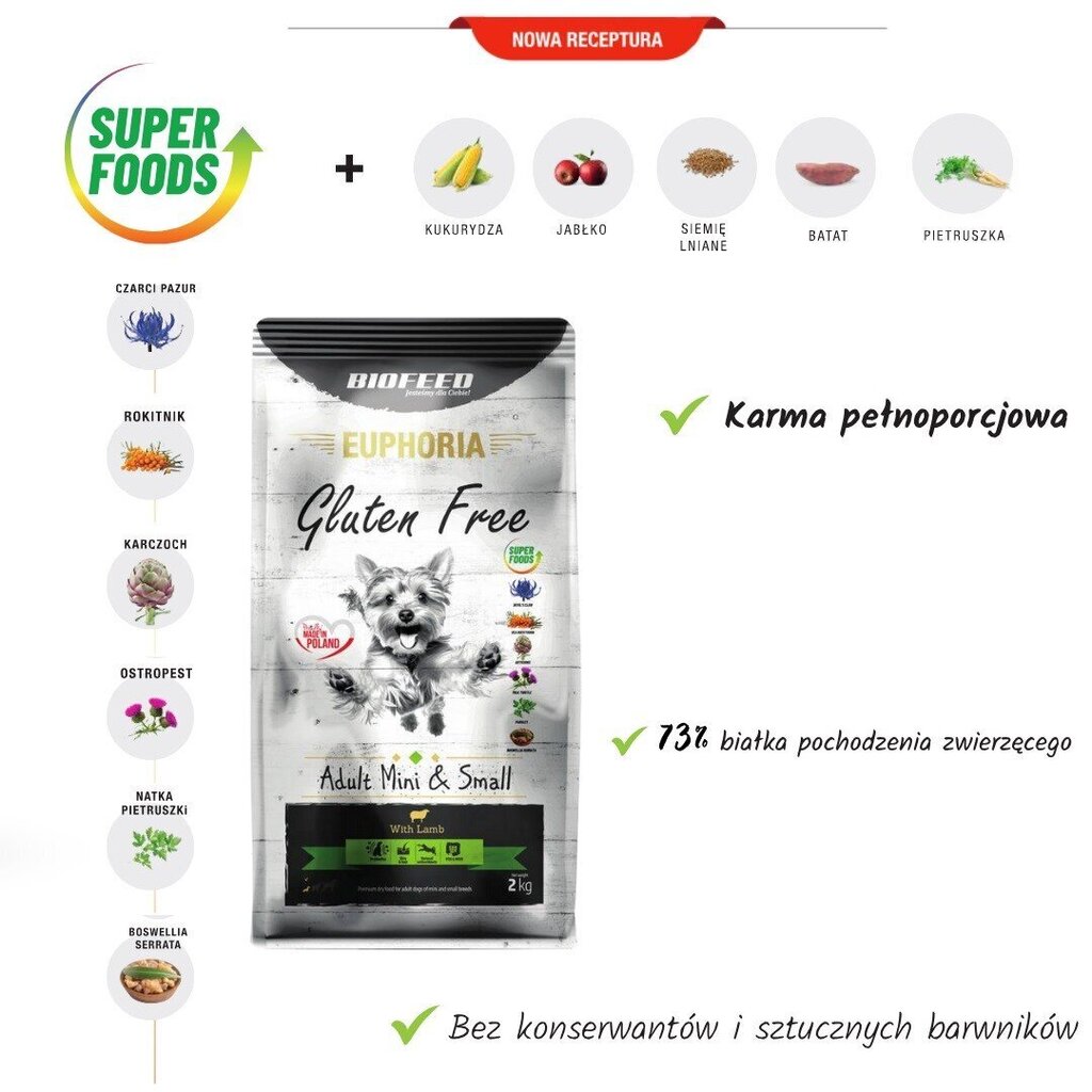 Biofeed Euphoria Gluten Free Adult Mini&Small lambaga, 12 kg hind ja info | Kuivtoit koertele | kaup24.ee