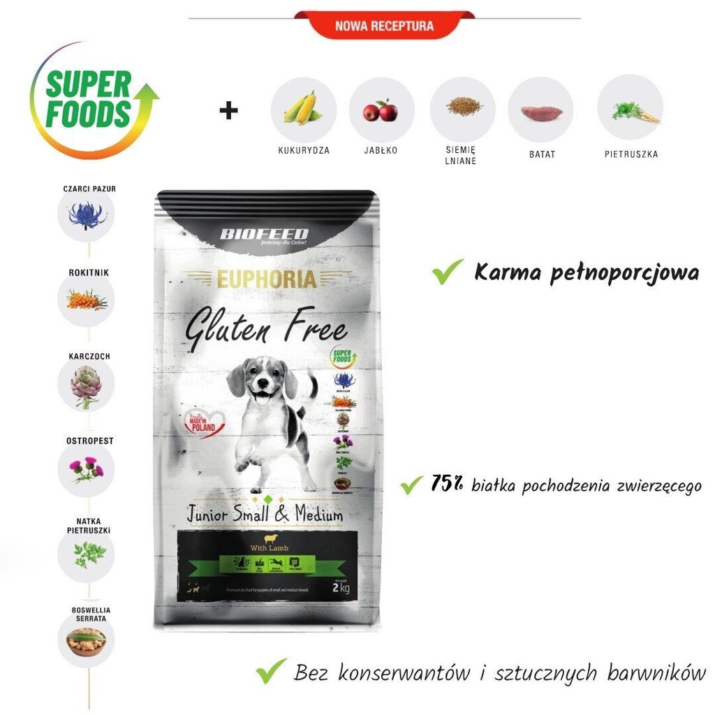 Biofeed Euphoria Gluten Free Junior Small&Medium lambaga, 12 kg hind ja info | Kuivtoit koertele | kaup24.ee