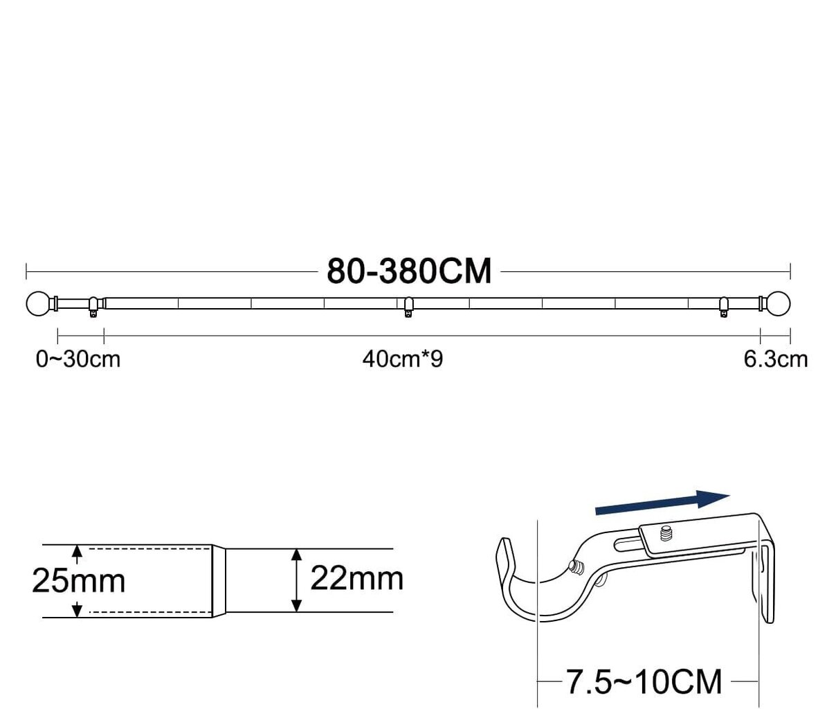 Vailge kardinavarras ümmarguste korkidega reguleeritav must 80-380cm 25mm цена и информация | Kardinapuud | kaup24.ee