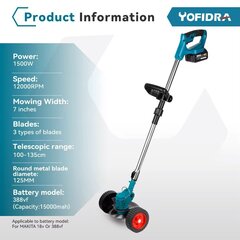 Электрическая газонокосилка ручная для Makita 18V аккумуляторная садовая газонокосилка с регулируемой длиной с 1 батареями. цена и информация | Газонокосилки | kaup24.ee