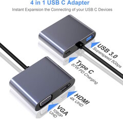 iLike HD5 4in1 Конвертер USB-C на Hdmi 4K 30Hz / VGA монитор / USB 3.0 / USB-C PD 100W цена и информация | Адаптеры и USB-hub | kaup24.ee