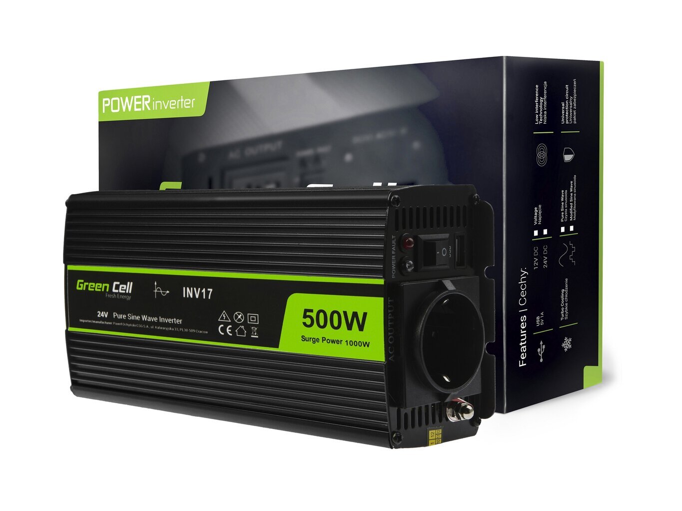 Green Cell inverter, pingemuundur 24 V kuni 230 V 500W/1000W puhas siinuslaine hind ja info | Muundurid, inverterid | kaup24.ee