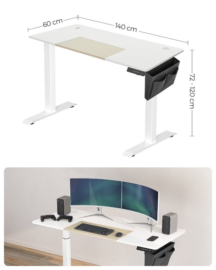 Reguleeritava kõrgusega kirjutuslaud SONGMICS, 60 x 140 x (72-120) valge hind ja info | Arvutilauad, kirjutuslauad | kaup24.ee