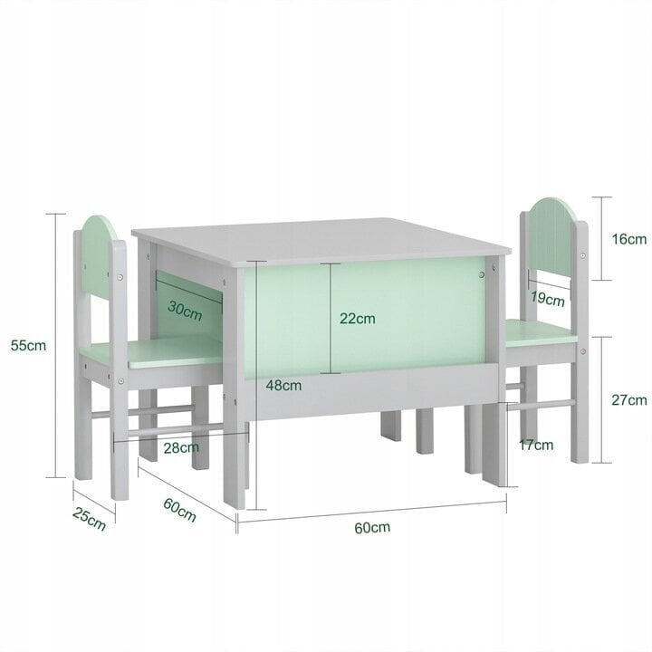 Laud ja 2 tooli SoBuy 60x60x48cm , valge-roheline цена и информация | Laste lauad ja toolid | kaup24.ee