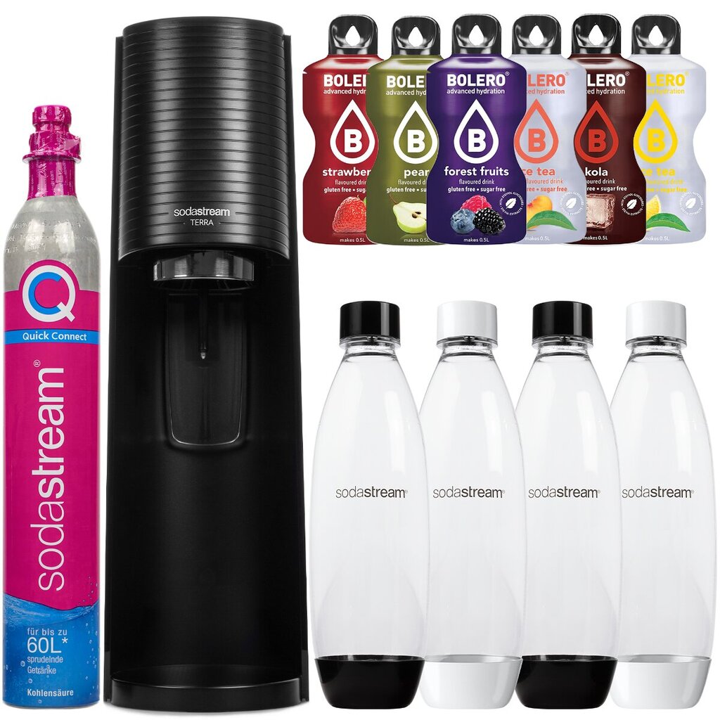 SodaStream Terra Black üks pudel + SodaStream PET pudelid 1 L must+valge Fuse Two-pack + Sodastream Pet White 1 liitrine pudel (dek) + bolero hind ja info | Mulliveemasinad | kaup24.ee