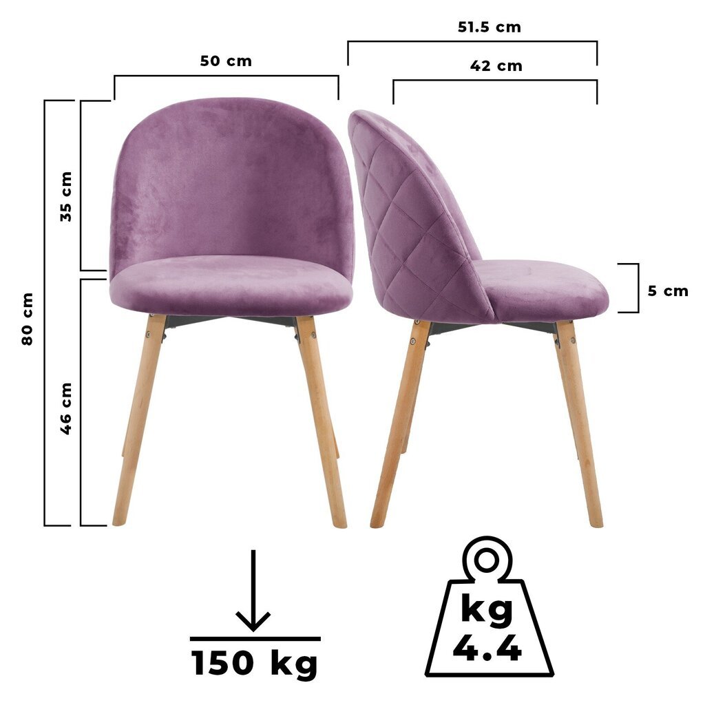 Söögitoolid - komplekt 6 tk, sametist iste, kaasaegne, polsterdatud, pöögist jalad, seljatoega ( lilla). hind ja info | Söögitoolid, baaritoolid | kaup24.ee