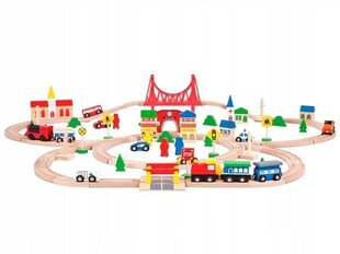 Деревянный поезд с рельсами Ecotoys, из 90 частей цена и информация | Игрушки для мальчиков | kaup24.ee