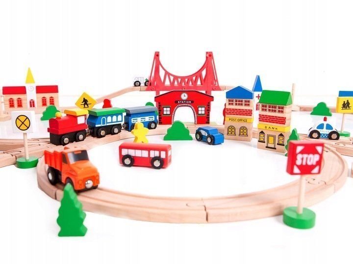 Puidust rong rööbastega Ecotoys, 90 osa hind ja info | Poiste mänguasjad | kaup24.ee