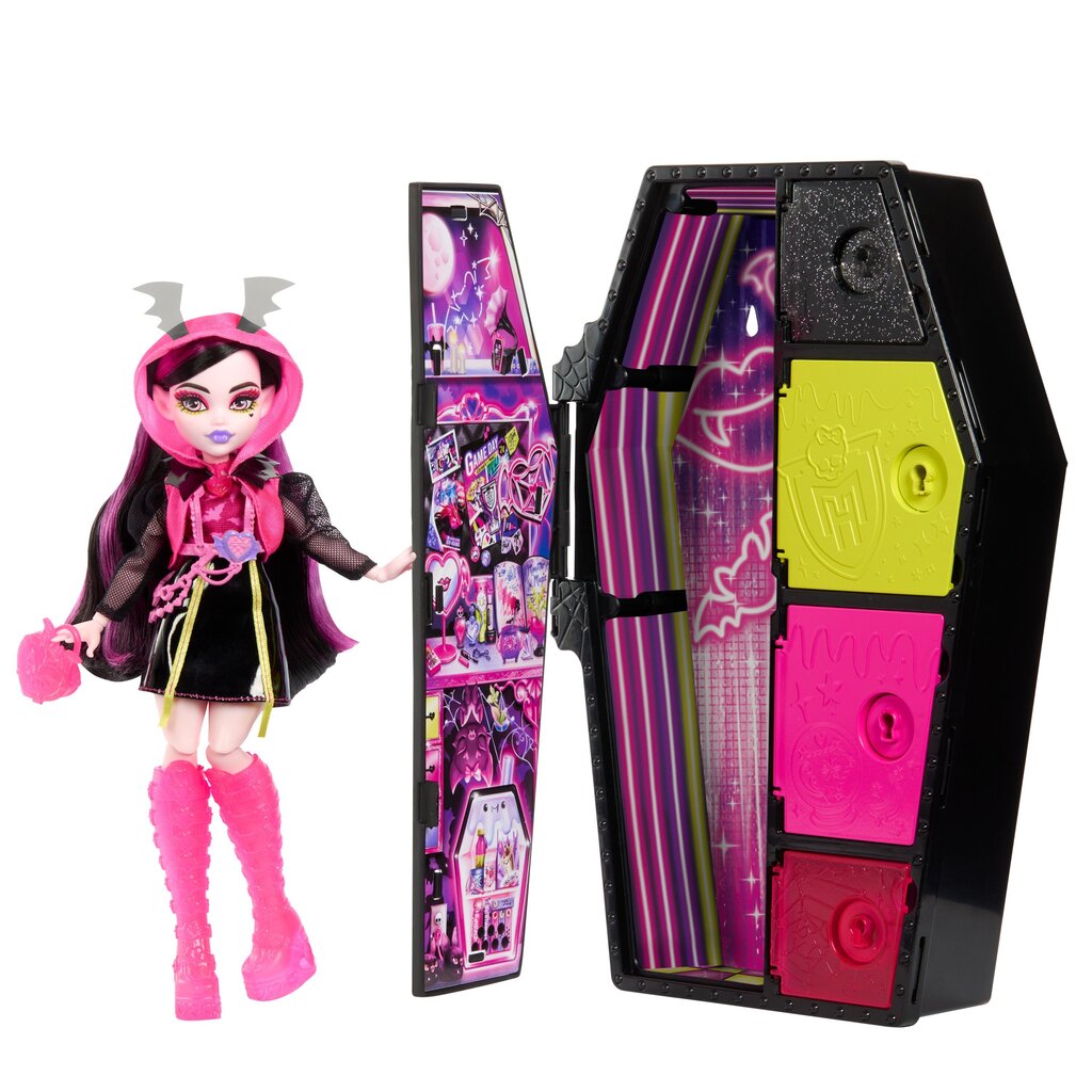 Monster High® kirstukujuline üllatuskapp, neoonseeria Draculaura HNF78 цена и информация | Tüdrukute mänguasjad | kaup24.ee