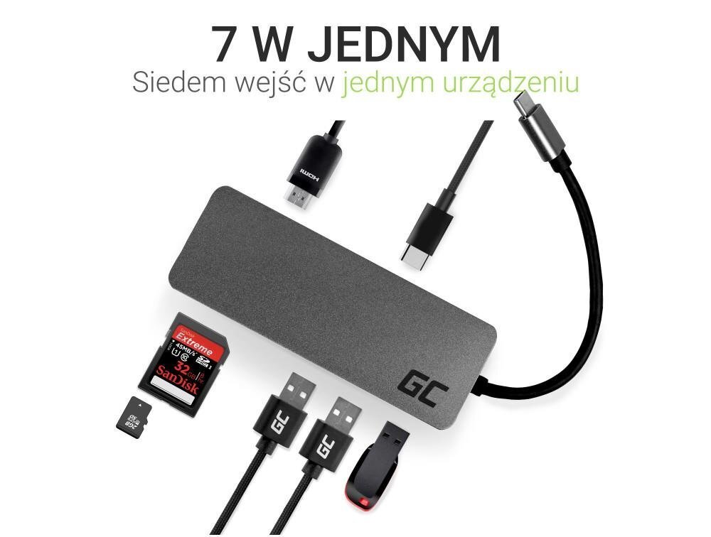 USB-jaotur Green Cell USB-C HUB 7in1 USB 3.0, 2xUSB 2.0, HDMI 4K, microSD, SD, DEX hind ja info | USB jagajad, adapterid | kaup24.ee