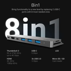 Адаптер Green Cell HUB Connect60 8in1 Thunderbolt 3, USB-C, HDMI, 3x USB 3.0, SD, microSD цена и информация | Адаптеры и USB-hub | kaup24.ee