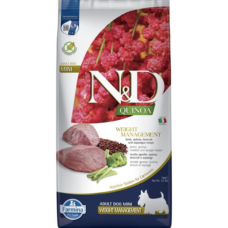 Farmina N&d Quinoa Weight Management Adult Mini Lambaliha, kinoa, spargelkapsas ja spargel, 7kg hind ja info | Kuivtoit koertele | kaup24.ee