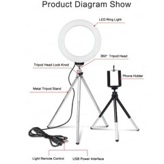 Светодиодная лампа, кольцо 16 см, с небольшим штативом цена и информация | Осветительное оборудование для фотосъемок | kaup24.ee