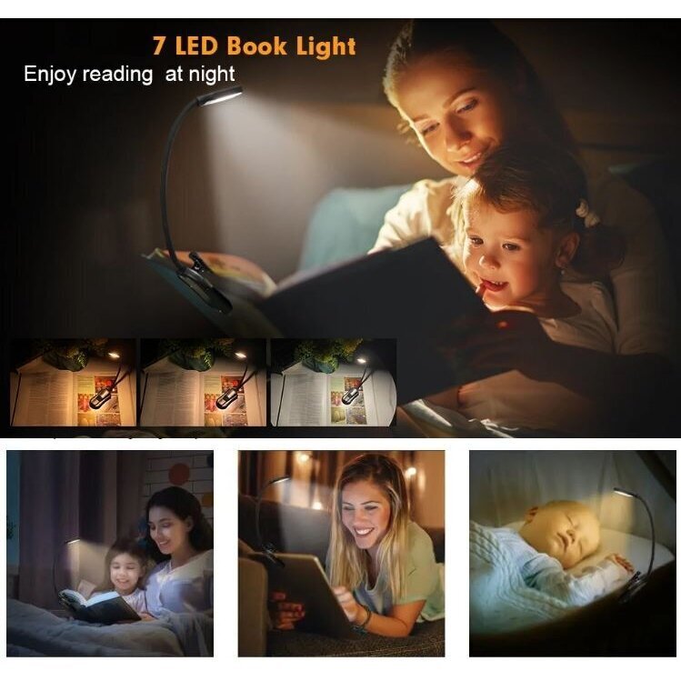 Lugemislamp Book Light Mini 7 Led, laetav, 3 taset soe jahe valge, paindlik цена и информация | Lisatarvikud fotoaparaatidele | kaup24.ee