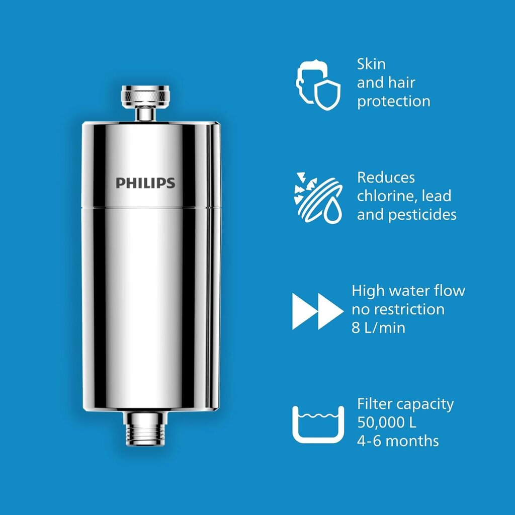 Philips Wateri sisseehitatud dušifilter vähendab kloori kogust kuni 99%. Sobib kõikidele dušivoolikutele ja segistitele. цена и информация | Veefiltrid | kaup24.ee