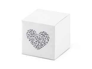 Dekoratiivsed karbid maiustustele Heart, valged ornament südamega, 5x5x5 cm, 1 pakk/10 tk hind ja info | Ühekordsed nõud | kaup24.ee