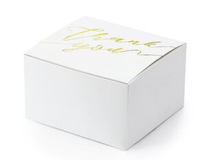 Dekoratiivsed karbid maiustustele Thank you, valged kuldset värvi kirjaga, 6x3,5x5,5 cm, 1 karp/50 pakki (1 pakk/10 tk) hind ja info | Ühekordsed nõud | kaup24.ee