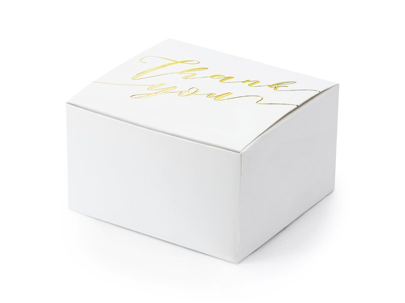 Dekoratiivsed karbid maiustustele Thank you, valged kuldset värvi kirjaga, 6x3,5x5,5 cm, 1 karp/50 pakki (1 pakk/10 tk) цена и информация | Ühekordsed nõud | kaup24.ee