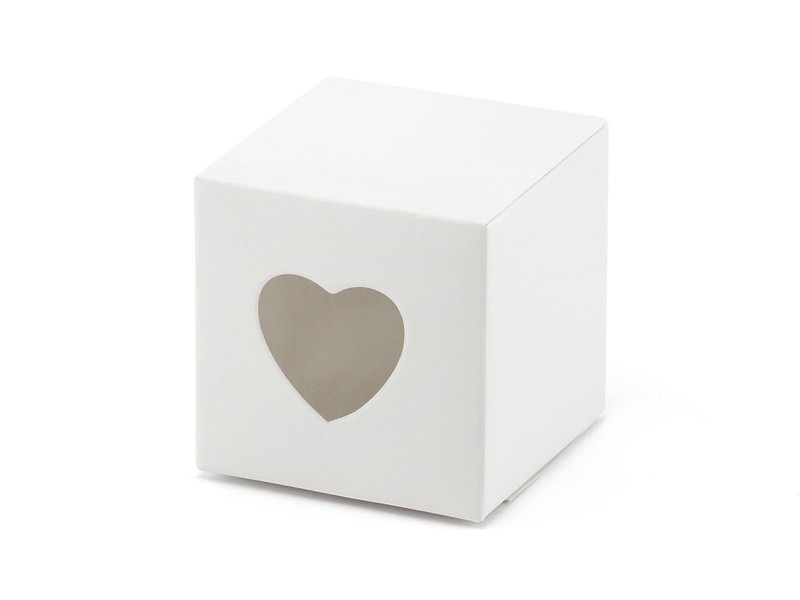 Dekoratiivsed karbid maiustustele Heart, valged väljalõigatud südamega, 5x5x5 cm, 1 pakk/10 tk цена и информация | Ühekordsed nõud | kaup24.ee